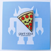 Enamel pin of a smiling illustrated pepperoni pizza slice on a blue backing card.