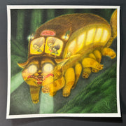 Color pencil illustration of Catbus, from My Neighbor Totoro, with a scarier face than normal. It bounds through a dark green forest with light beams coming from its eyes and 4 young girls in the front, with their hair moving wildly in the wind. Piece has a white border around it.