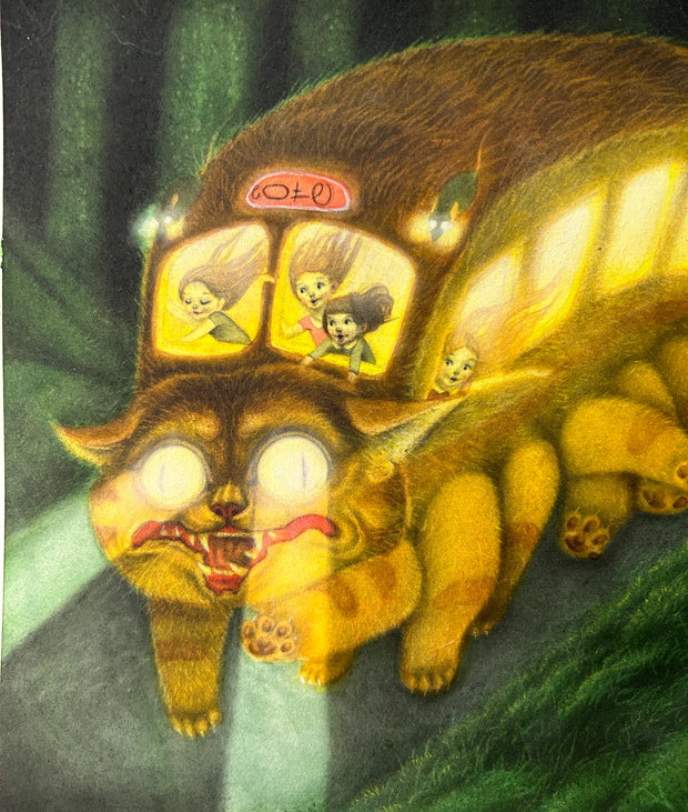 Color pencil illustration of Catbus, from My Neighbor Totoro, with a scarier face than normal. It bounds through a dark green forest with light beams coming from its eyes and 4 young girls in the front, with their hair moving wildly in the wind.