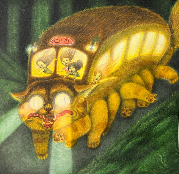 Color pencil illustration of Catbus, from My Neighbor Totoro, with a scarier face than normal. It bounds through a dark green forest with light beams coming from its eyes and 4 young girls in the front, with their hair moving wildly in the wind. 