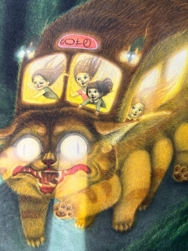 Color pencil illustration of Catbus, from My Neighbor Totoro, with a scarier face than normal. It bounds through a dark green forest with light beams coming from its eyes and 4 young girls in the front, with their hair moving wildly in the wind.