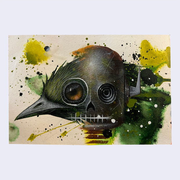 Painting on a deep yellow and green splatter painted background. Central image is a round headed robot with spiral eyes, half of its face is comprised of a sharp beaked gray bid with deep brown eyes.