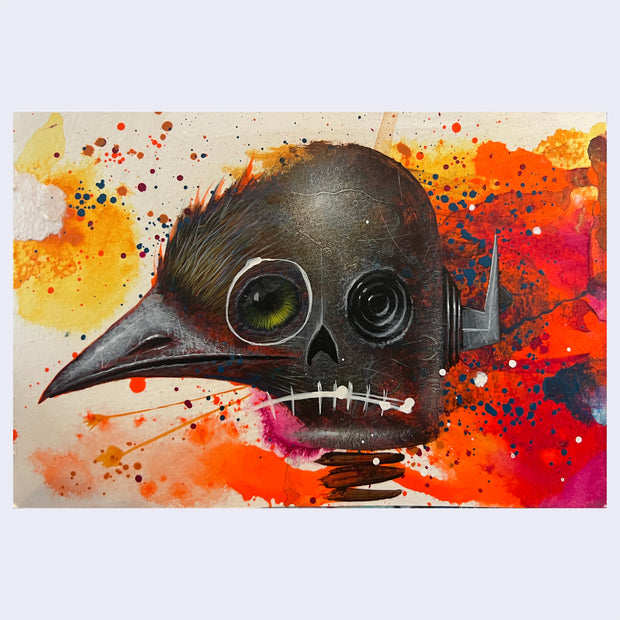 Painting on a bright orange, yellow and red splatter painted background. Central image is a round headed robot with spiral eyes, half of its face is comprised of a sharp beaked gray bid with deep green eyes.