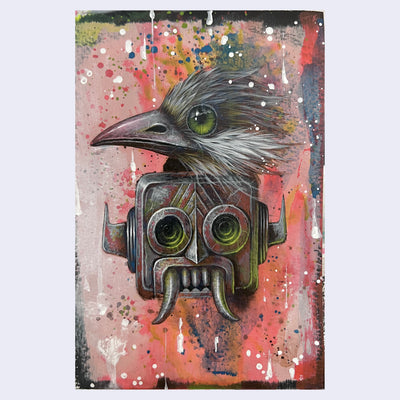Multicolor painting with splattered and spray painted background. Central image is of a metal robot head with 2 curved fangs, atop its head is a gray fluffly bird's head, looking off to the left intensely.