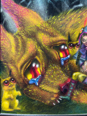 Colorful scene of a large fox like dog with large tearing eyes curled up. It has several puppies in its lap as well as a girl with long braids and a pointy hat.