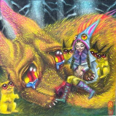 Colorful scene of a large fox like dog with large tearing eyes curled up. It has several puppies in its lap as well as a girl with long braids and a pointy hat.