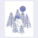 Cut lavender paper sculpture of a large girl with a bob haircut, sitting nude in the middle of a circle of abstract pine trees. A large moon looms overhead.