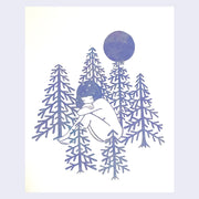 Cut lavender paper sculpture of a large girl with a bob haircut, sitting nude in the middle of a circle of abstract pine trees. A large moon looms overhead.