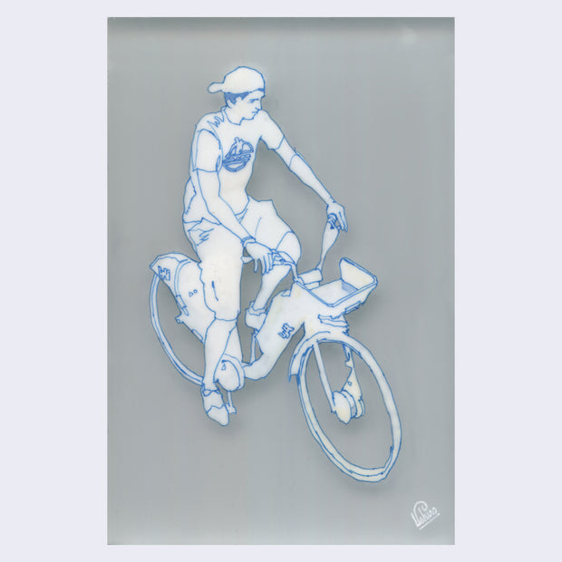Blue and white drawing on plexiglass of a man on a thin tired bike, with an empty basket in the front. He wears a backwards baseball cap, a t-shirt with a graphic on it and baggy shorts.