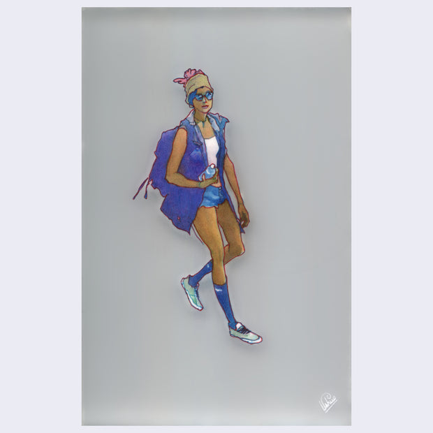 Multicolor drawing on plexiglass of a tan woman wearing sunglasses and walking. She holds a plastic water bottle, has cut off jean shorts, a long cut off vest and a large purple backpack.
