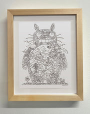 "Totoro" artwork in a light grain wooden frame. For description of Totoro artwork, please refer to previous image's alt text.
