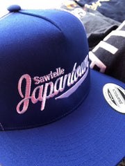 Blue hat with white embroidered letters that read "Sawtelle Japantown" in a neat yet stylistic font.