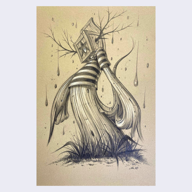 Stylized drawing of a tree trunk with arms, wearing a striped shirt and with a wooden box as a head, branches coming out of the side as antlers.