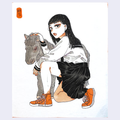 Illustration of a woman in a classic school girl outfit, kneeling on one leg while stroking a gray miniature pony.