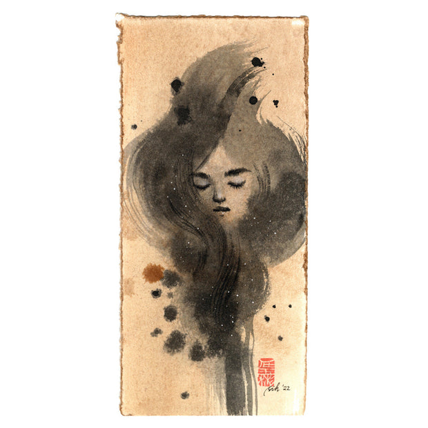 Watercolor painting of a woman's face, with the area around her obscured by her own hair. Painting is on tan paper and has make scattered brush strokes and ink droplets.