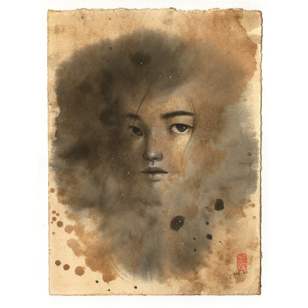 Watercolor portrait of a woman's face, which is mostly obscured by watercolor marks. Paper is brown and has various different grey, brown and black watercolor marks.