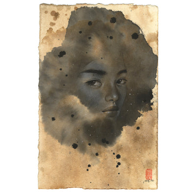 Watercolor portrait of a woman's face, who looks back at the viewer. The majority of her face is obscured by watercolor marks and the tan paper has various black ink splatters on it.