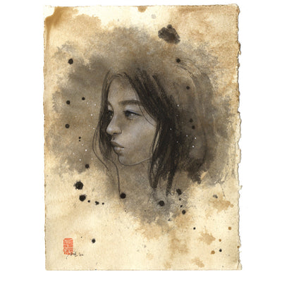 Watercolor portrait on brown paper of a woman, looking off to the left with straight black hair. Her face is finely rendered but the rest of her is obscured by watercolor marks.