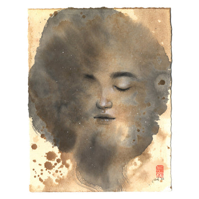 Watercolor painting on tan paper of a woman's face, only half visible while the rest is obscured by a large gray watercolor mark. 