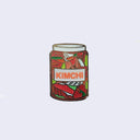 Enamel pin of a glass jar with red and green kimchi inside. "Kimchi" is written in red in the middle of the jar.