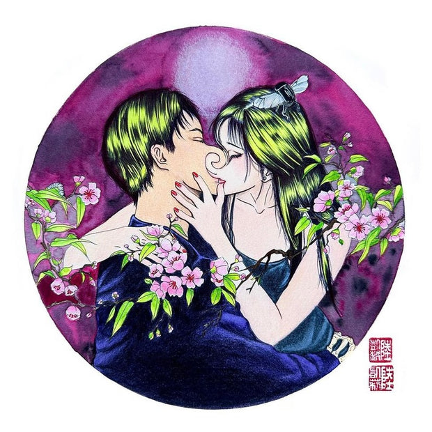 Illustration within a circle, rest of background is white. A couple with black hair and neon yellow highlights embrace and kiss, with their faces swirling together. The man wears a navy blue jacket, with a skeleton hand peeking out of his sleeve, the girl wears a blue dress. Cherry blossoms run along the center of the work.