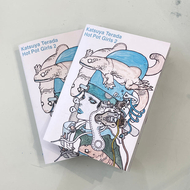 Two stacked copies of zine, white background with a colored illustration by Terada of a woman in an elaborately mechanical helmet with two salamander creatures around her head.