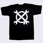Back side of black t-shirt. Large white illustration of two wrenches laid over one another in an x shape in front of a white hoop.