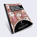 Book cover featuring illustrations of many versions of the same brunette woman with blue eyes, her skull half cut open to expose her brain with wires all around. "Industrial Revolution and World War" is written in bold white font on a black rectangle in top right.