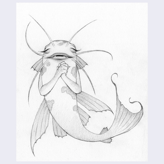 Finely rendered sketch of a koi fish with its hands clasped together.