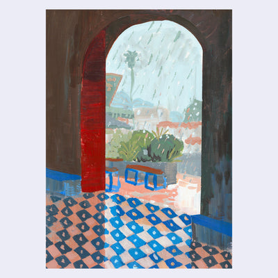 Plein air painting of a outdoor building with blue and white tiled floor and red archways. Rain falls in the sky.