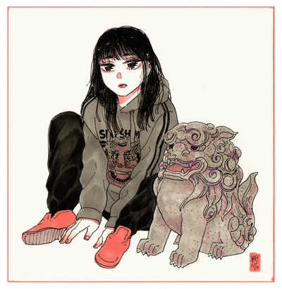 Illustration of a woman, wearing a gray hoody, baggy black pants and pink shoes, sits on the ground with her hands near her feet. Next to her is a small stone statue of a Komainu, a lion-dog.