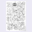 Ink drawing of multiple doodles on a single sheet of paper, including cats, ghosts, weapons and mystical elements.