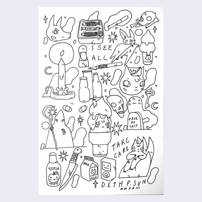 Ink drawing of multiple doodles on a single sheet of paper, including cats, ghosts, weapons and mystical elements.