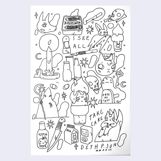 Ink drawing of multiple doodles on a single sheet of paper, including cats, ghosts, weapons and mystical elements.