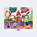 Colorful illustration of a semi anthropomorphic character with a flower hat and patterned kimono sitting, reading a book. Two large flower inspired characters stand behind, helping hold up the pages of the book. Floor is colorfully decorated.