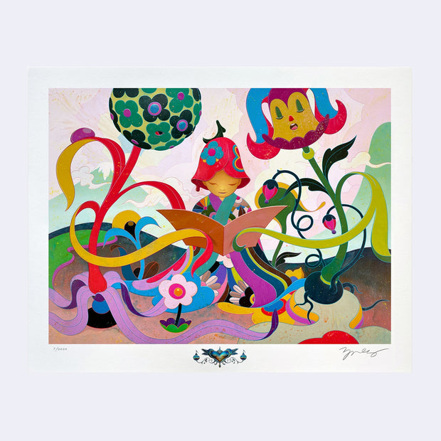 Colorful illustration of a semi anthropomorphic character with a flower hat and patterned kimono sitting, reading a book. Two large flower inspired characters stand behind, helping hold up the pages of the book. Floor is colorfully decorated.