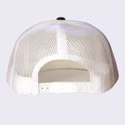 Black hat with a white mesh backing. Back is a snap closure for size adjustment.