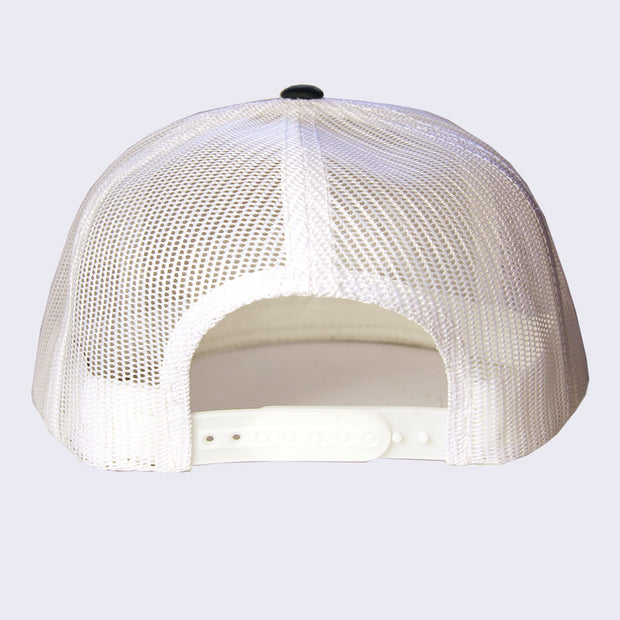 Black hat with a white mesh backing. Back is a snap closure for size adjustment.