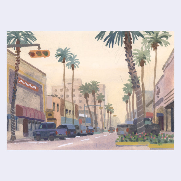 Plein air painting a manicured urban street, with palm trees and cars parked diagonally in their spots.