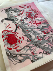 Woodcut print of a falling woman, pale with long grey wavy hair wrapped all around her body. A large blooming grey and red chrysanthemum sprouts from her chest. Background is a pink to cream ombre background.