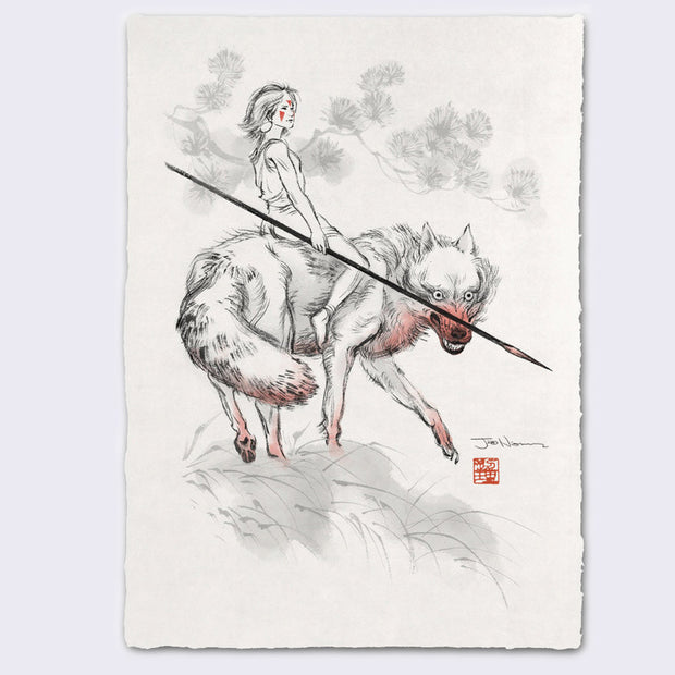 Ink brush style illustration of a woman with red face paint, riding atop of a fierce looking wolf, its muzzle and paws stained red. She holds a long spear and looks off to the side. A delicate drawing of a tree is in the background.