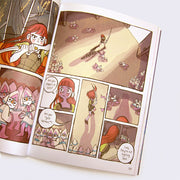 Open page excerpt, featuring a full color comic style panel of a girl fighting enemies with a sword.
