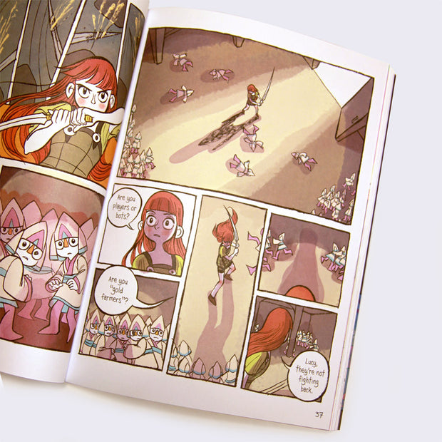 Open page excerpt, featuring a full color comic style panel of a girl fighting enemies with a sword.