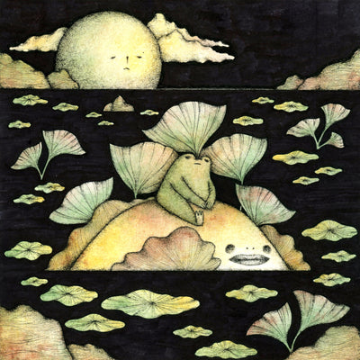 Ink and watercolor drawing of an apathetic looking frog sitting atop of a mound in a black pond. The mound has a fish face and some fins. Lots of lily pads are on the pond with a large sad faced moon in the background.