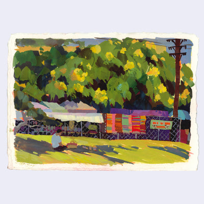 Plein air painting of an farmer's market scene from afar, with blankets strewn over a fence and pop up tents. A person sits on the grass in the foreground.