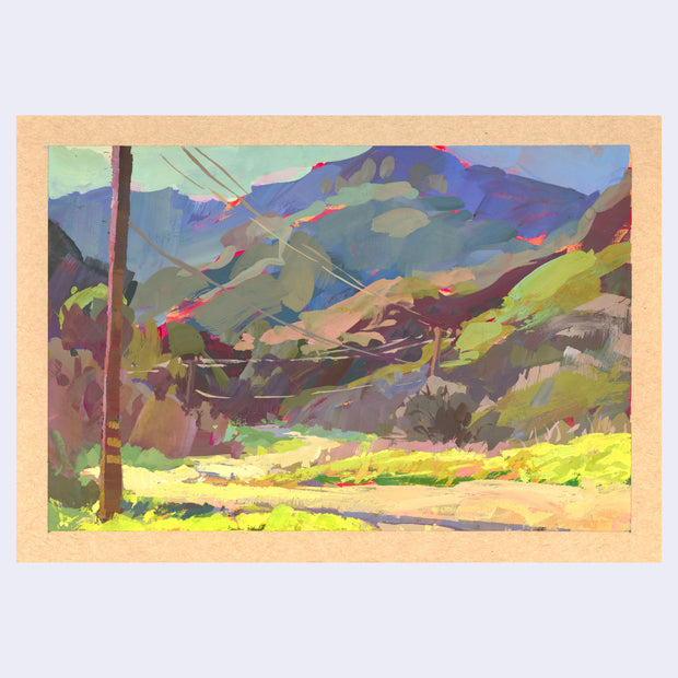 Plein air painting of a canyon setting in morning sunrise lighting. A telephone pole with wires linking it to others is the focal point.