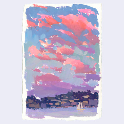 Plein air painting of a large sky with pink fluffy clouds over a body of water with a sail boat in it.
