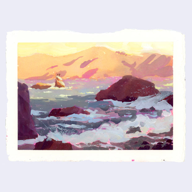 Plein air painting of a ocean scene at sunrise with warm lighting and cast shadows with many rocks in the water, waves crashing onto them.