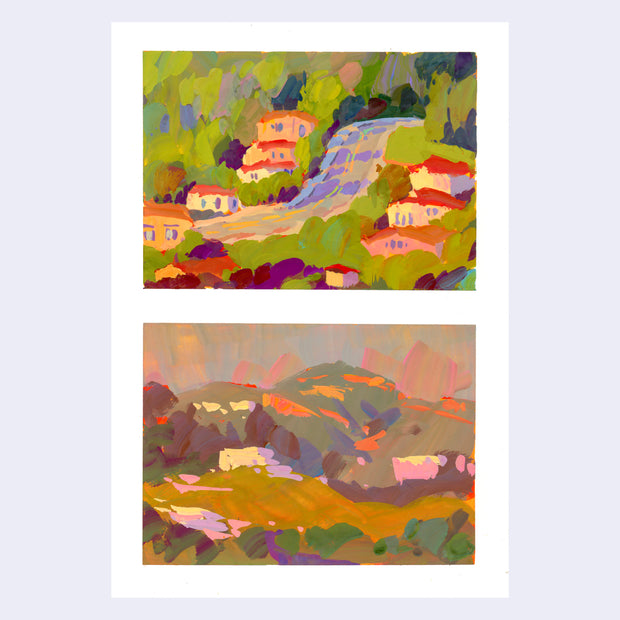 Plein air painting, 2 scenes on a single sheet of paper. Top scene is a winding road through houses and bottom scene is canyons at sunset.