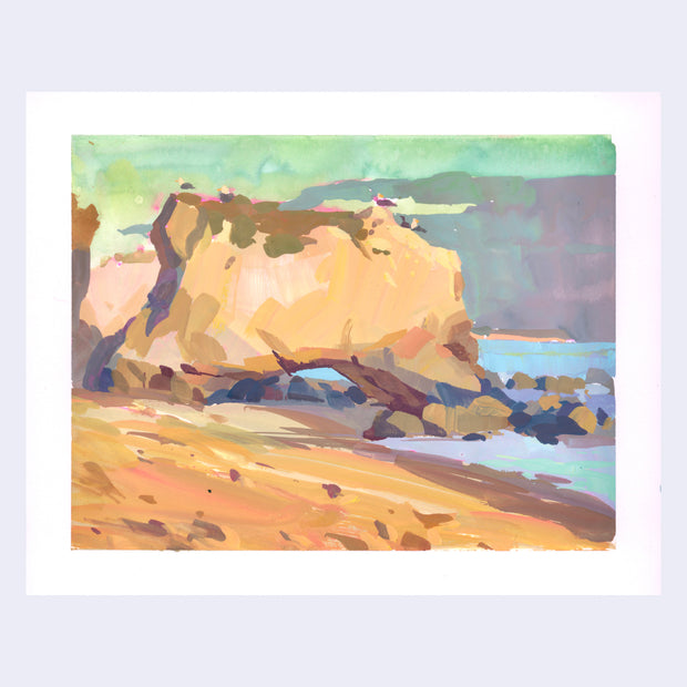 Plein air painting of a beach with a large rock formation that can be walked under. Seagulls rest on the large rock.